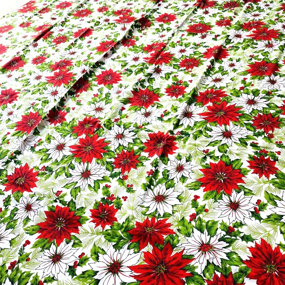 Vintage Christmas Tablecloth Cotton Blend Cloth Festive Red & White Poinsettias